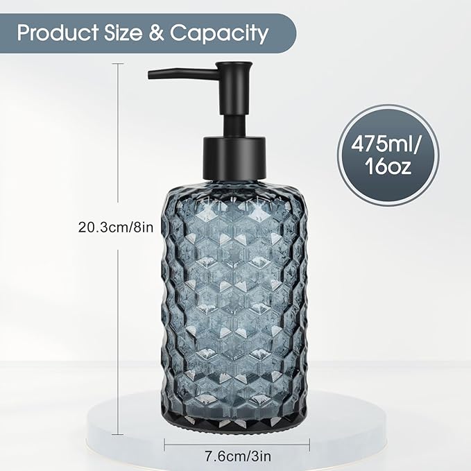 Topsky Glass Soap Dispenser with Plastic Pump, 475ml Liquid Hand Soap Dispenser, Rustproof Pump for Kitchen & Bathroom, Great for Lotions, Essential Oil, Liquid Soaps (Grayish Blue)