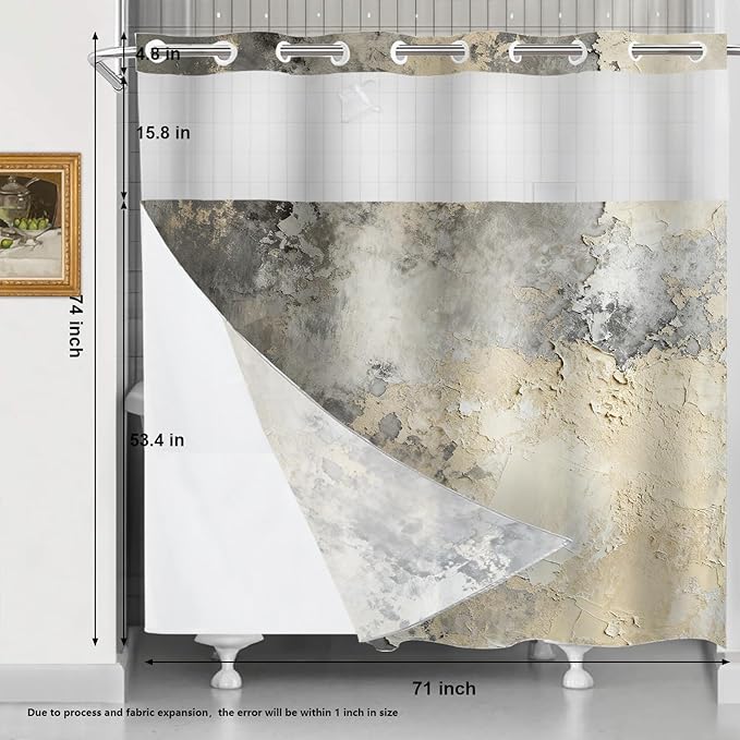 Shrahala Taupe Squares Texture No Hooks Shower Curtain with Snap in Liner Set, Grey and Beige Art Painting Bathroom Décor Polyester Fiber Waterproof for Stall Bathtubs 71 X 74 in