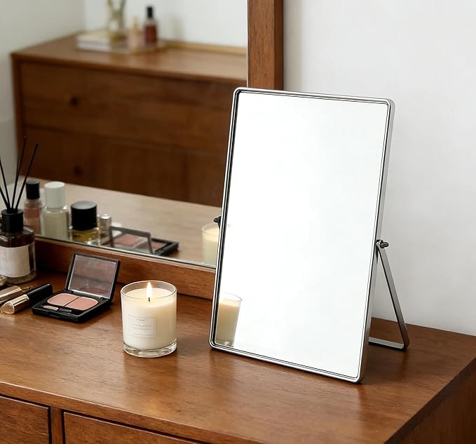 Feyarl Desktop Makeup Vanity Mirror Vertical Tabletop Mirror 90° Rotation Decorative Standing Cosmetic Mirror for Bedroom Bathroom Desk Dresser (Silver)
