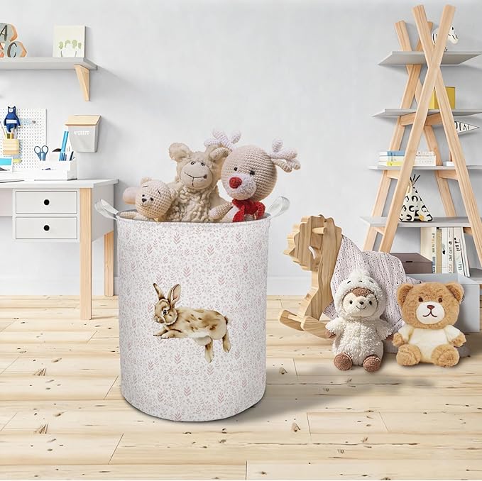 Pink Floral Bunny Laundry Basket Hamper, Bunny Nursery Decor, Pastel Wildflower Rabbit Foldable Clothes Toys Books Storage Box Bins Baskets Organizer for Girls Kids Bedroom Bathroom