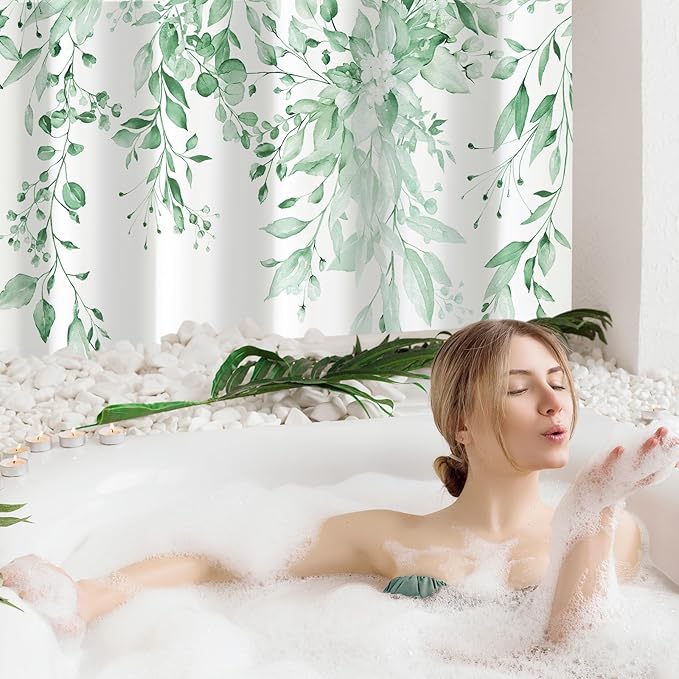 Gibelle Long Shower Curtain 72 x 78, Tall Mint Green Floral Shower Curtain for Bathroom, Watercolor Plant Eucalyptus Leaves Fabric Shower Curtain Set