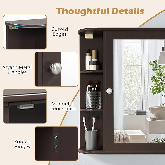 COSTWAY Medicine Cabinet with Mirror, Wall Mounted Bathroom Storage Cabinet with Mirror Door and Adjustable Shelves, Space-Saving Storage Organizer for Living Room Kitchen Entryway (Brown)