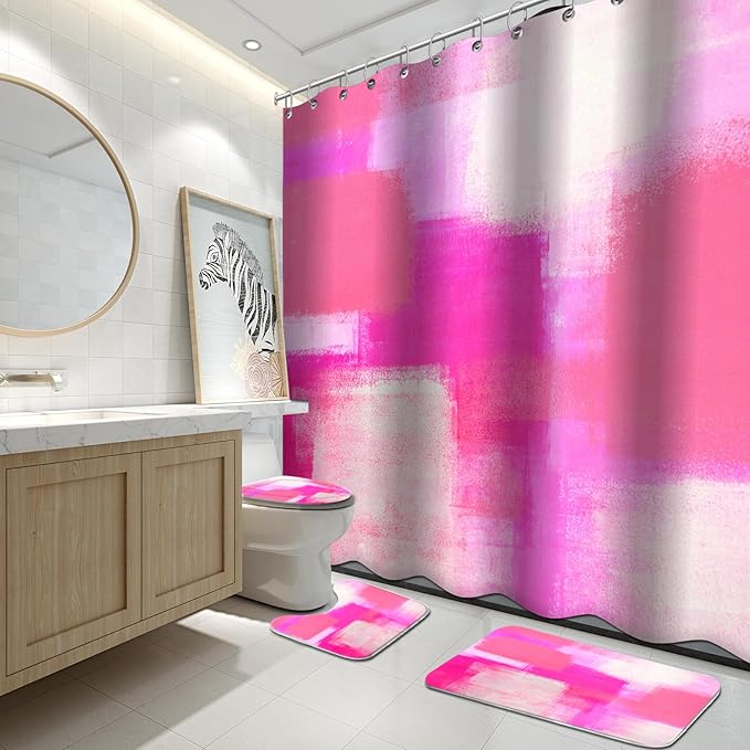 Lnond 4Pcs Bathroom Shower Curtain Sets with Rugs, Pink and Grey Painting Art Bathroom Sets with Shower Curtain and Rugs and Accessories