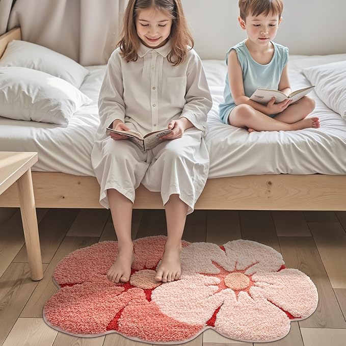 LUMI Flower Bath Rug, Funny Floral Bath Mat, Soft Plush Fluffy Red Rug, Absorbent, Non-Slip for Bathroom, Kitchen Sink, Bedroom, Kid's Bedroom, and Living Room, 24"x36", Bliss Pink