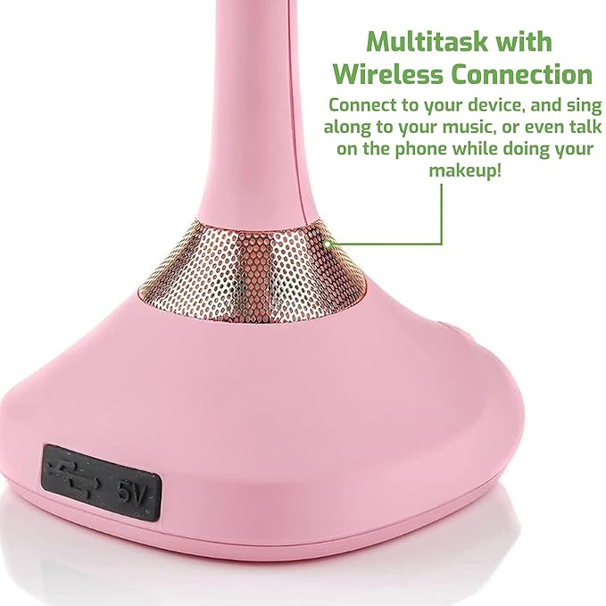 Ovente Lighted Vanity Mirror, Table Top, 360 Degree Spinning 6'' Double Sided Circle LED 1X 5X Magnifier with MP3 Audio, Built-in Wireless Speaker, Rechargeable, USB Operated, Baby Pink MRT06P1X5X