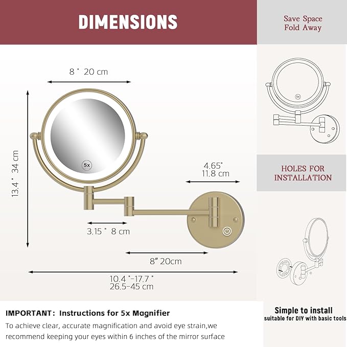 8" Hardwired Wall Mounted Magnifying Mirror with Lights, 1X/5X Double Sided 3-Colors LED Lighting Touch Dimming Extended Arm 360 Rotation Brass Makeup Mirror for Bathroom, Satin Brushed Gold