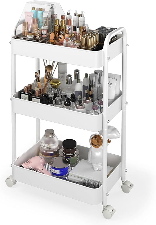 3 Tier Makeup Organizer Cart, Skincare Organizer Floor Carts with Wheels, Vanity Cosmetic Organizer Storage, Nail Polish Hair Tool Display Case Holder, Easy to Assemble