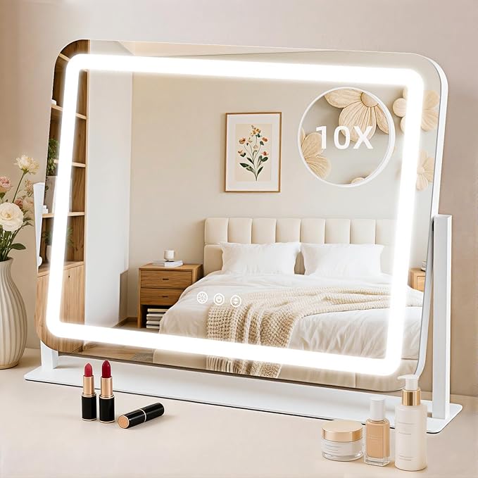 Vanity Mirror with Lights, Lighted Makeup Mirror with 10X Magnification, 3 Color Dimmble Lights, Touch Control, 360° Rotation, Metal Frame, Women's Gift, for Bedroom/Dressing Room, White