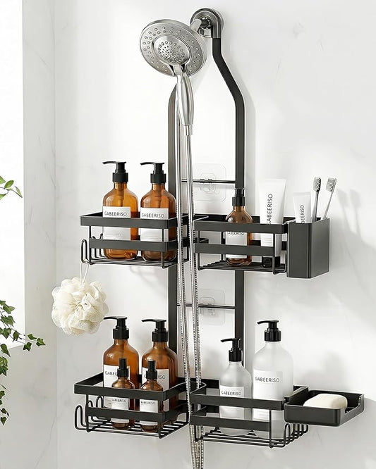 Over the Shower Head Caddy for Handheld Showerhead - Rustproof Hanging Shower Organizer, No Drill 2-Tier Bathroom Storage Shelf with Soap Holder, Matte Black