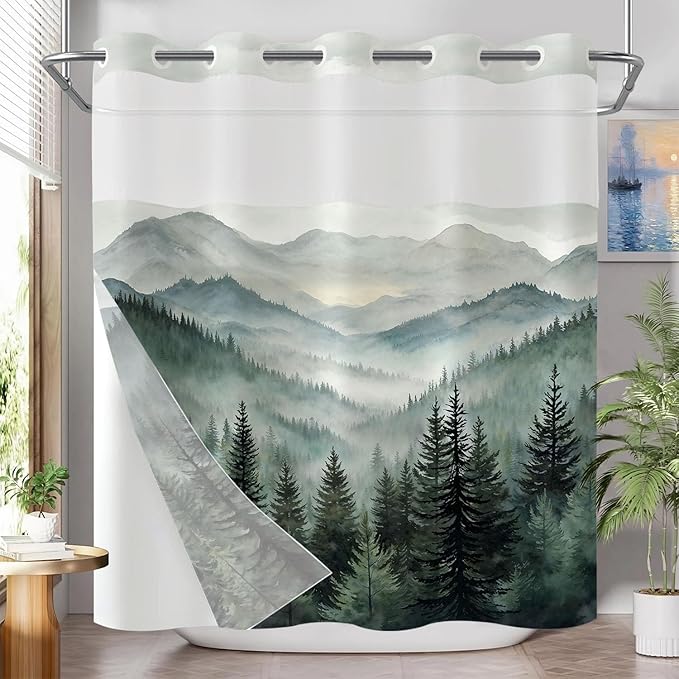 Accnicc No Hook Shower Curtain with Snap in Liner Forest Mountain Shower Curtains for Bathroom Dark Green Nature Misty Pine Tree Foggy Rustic Woodland Waterproof Fabric Bath Curtain Decor 71×74In