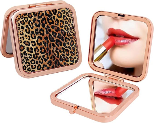 Pocket Mirror, Small Travel Mirror with Magnification, Portable Double-Sided Magnifying Cosmetic Mirror for Daily Rose Gold Leopard Print