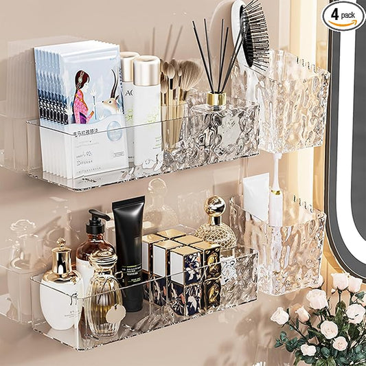 Lae Nuvole 4 Pack Wall Mounted Bathroom Caddy Organizer, Adhesive Shower Shelf for Inside Shower Caddy Plastic Bathroom Organizers and Storage with Bins for Makeup, Bath, Home Decor (Clear-4 Pack)