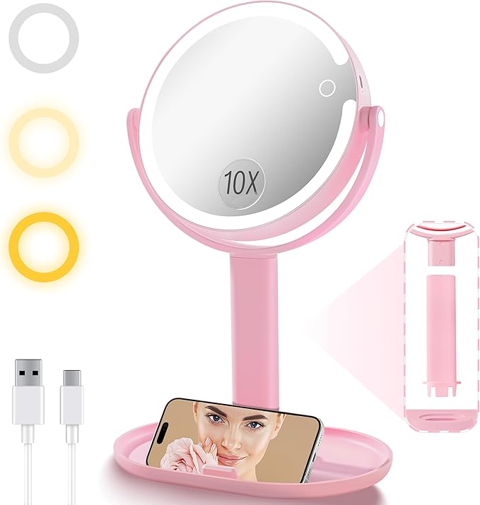 vpu Vanity Makeup Mirror with Lights, 10X/1X Double Sided Magnifying Light up Desk Mirror with Stand Cosmetic Organizer, 3 Color Brightness Adjustable 360° Rotation Detachable for Travel