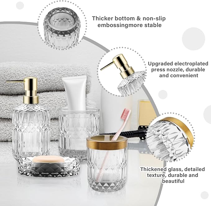 5Pcs White Bathroom Accessories Set, Glass Bathroom Accessories, Vintage Bathroom Countertop Decoration Includes Soap Dispenser, Toothbrush Holder, Qtip Holder,Soap Dish and Rinsing Cup