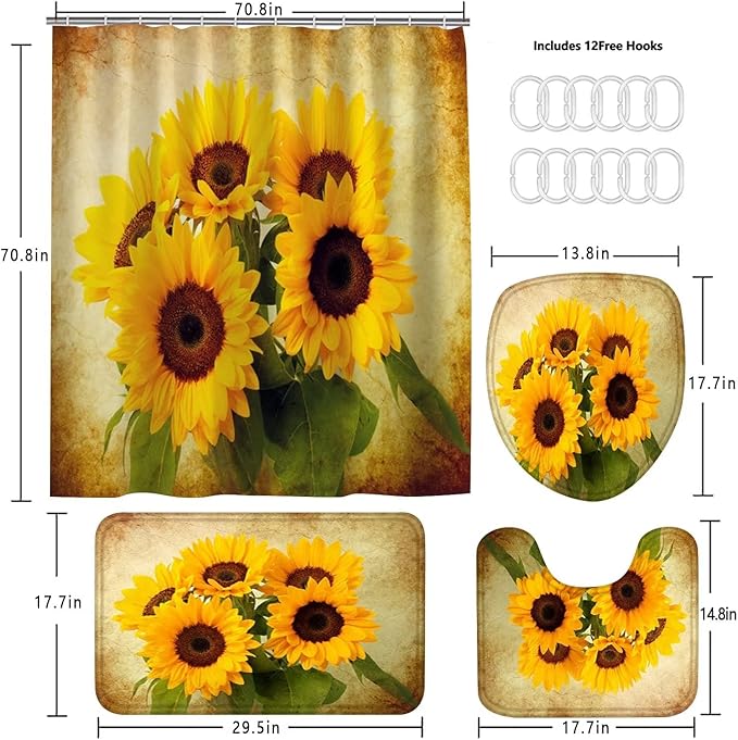 AZHM Sunflower Shower Curtain Sets with Rugs 4 Piece Flower Floral Decor for Bathroom Toilet Bathroom Mat, Curtain and 12 Hooks