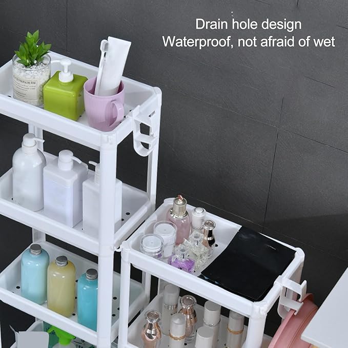 Narrow Freestanding Bathroom Shelf, Space Saving Storage Rack White Laundry Shelf for Bathroom Laundry Room Kitchen Bedroom Compact Areas (2 Layers (with Wheels))