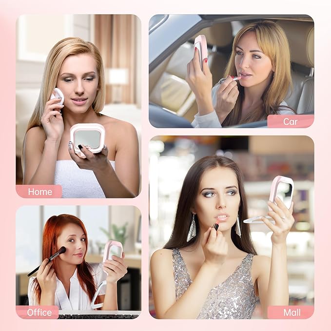 FASCINATE Compact Travel Makeup Mirror with Lights and Magnification, 3.5 inch Portable 1X/30X Magnifying Mirror with 3 Color Light, Folding, Handheld (Pink)