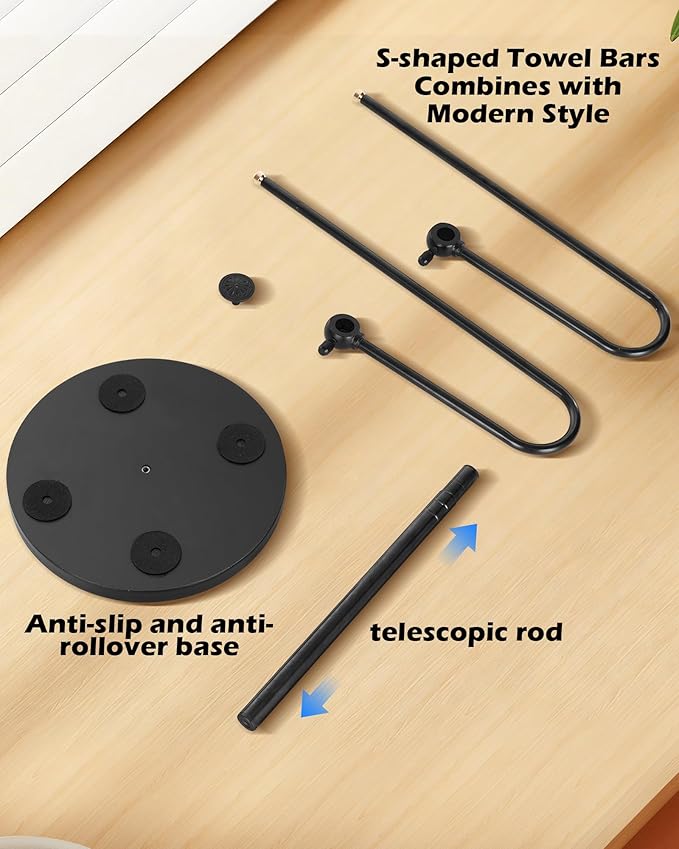 Hand Towel Holder, Adjustable Stand Towel Rack,Free Standing S-Shapes Towel Bar Holds for Bathroom Kitchen Countertop Stainless Steel Retractable and 360-Degree Rotation.Black