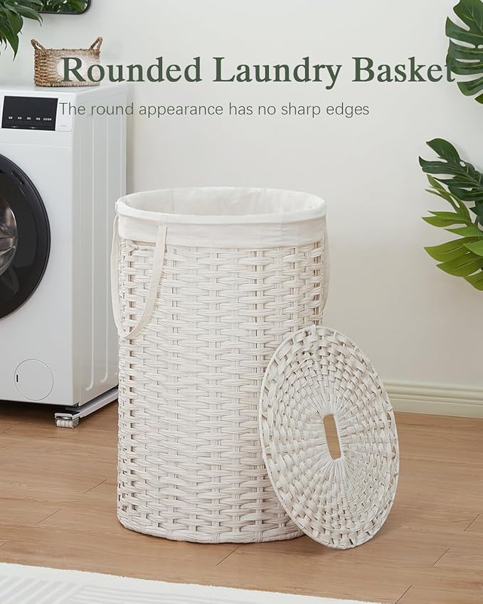 SETVSON 34.3 Gal (130 L) Large Laundry Hamper Laundry Basket Round Handwoven Wicker Laundry Baskets Rattan Laundry Basket with Removable Bag Handles 2 Mesh Bags for Living Room Bedroom White (No Lid)