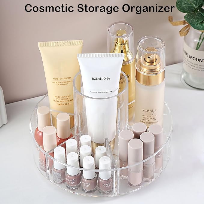 360° Rotating Makeup Organizer, Makeup Brush Holder, Lazy Susan Turntable Storage Tray with 6 Compartment as Cosmetic Display Case, Perfume Organizer and Bathroom Counter Organizer, Clear