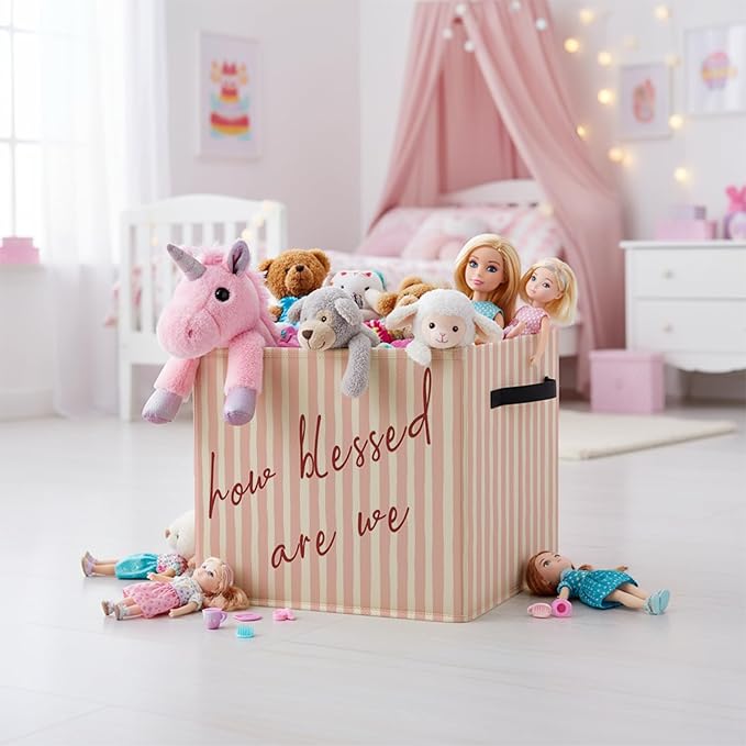 Pink Christian Storage Bin Box with Handles, How Blessed Are We Motivational Religious Foldable Baskets Organizer for Girls Bedroom Bathroom Clothes Toys Books, Toybox for Girls