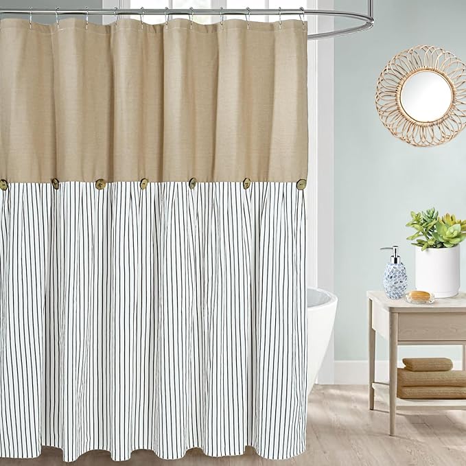 Farmhouse Shower Curtain,Camel and Brown Stripe,Button Curtain,Cotton Woven and Cotton Blend Fabric,Rustic Charm Country Chic Style,72x72 in