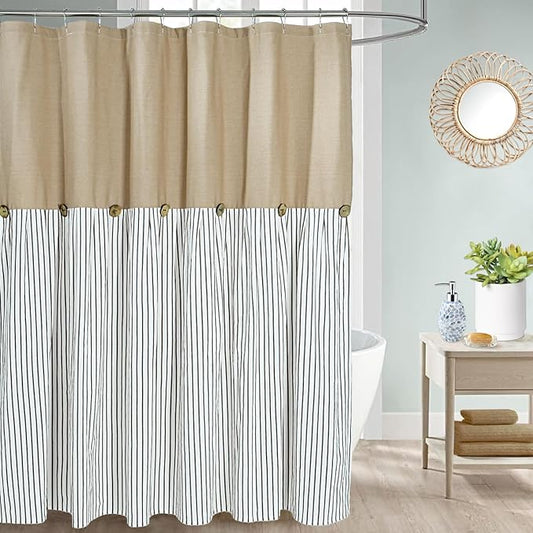 Farmhouse Shower Curtain,Camel and Brown Stripe,Button Curtain,Cotton Woven and Cotton Blend Fabric,Rustic Charm Country Chic Style,72x72 in