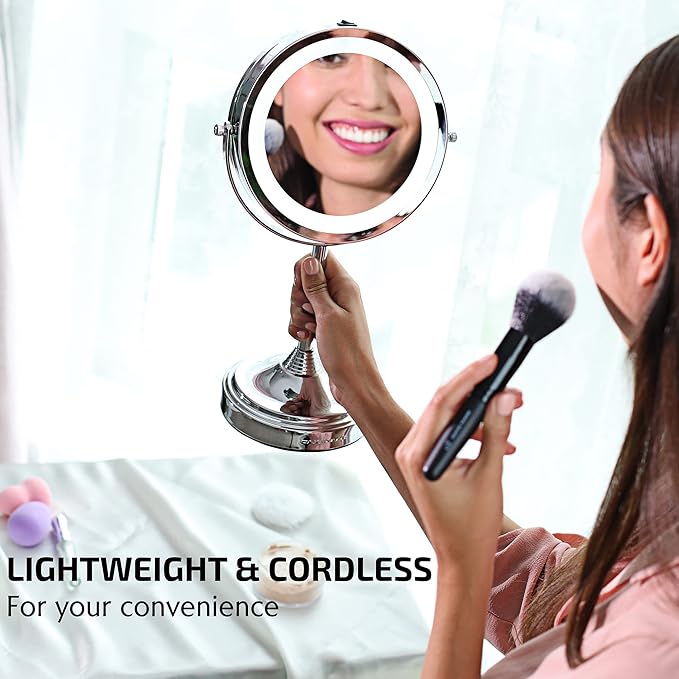 OVENTE 7'' Lighted Tabletop Makeup Mirror, 1X & 7X Magnifier, Spinning Double Sided Round LED, Great for Vanity, Bath, & Bedroom, Battery Powered, Polished Chrome MCT70CH1X7X (Pack of 2)