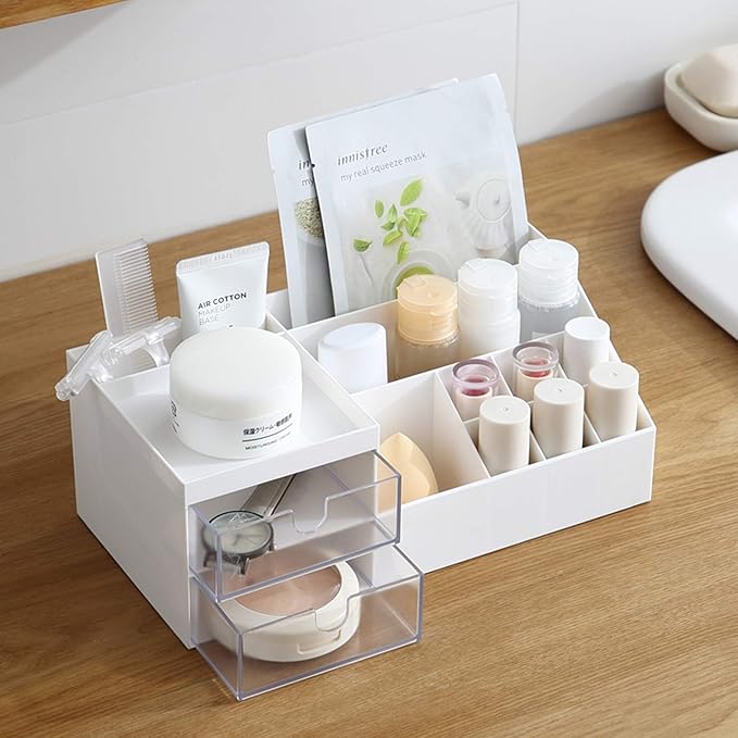 Cosmetic Storage Box, Makeup Organizer Cabinet/Drawer Type Vanity Organizer/Dormitory Desktop Sundries Storage Shelf (White)