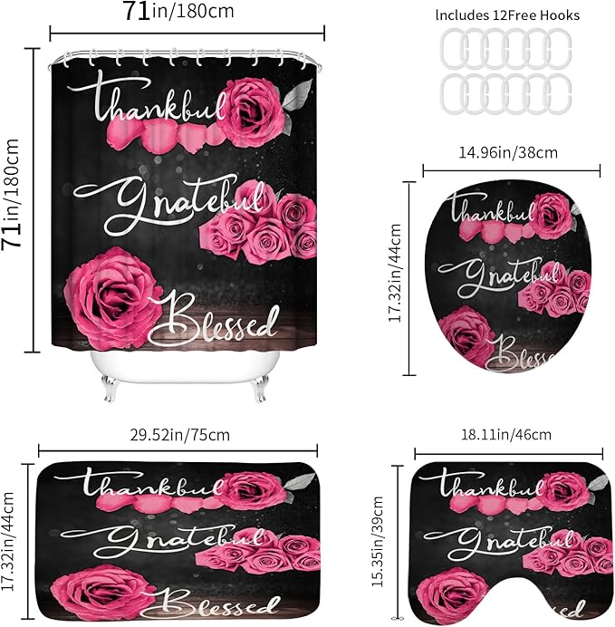 Onalasyc 4Pcs Pink Rose Shower Curtain Set with Rugs Waterproof Bathroom Sets with Shower Curtain and Rugs Romantic Rose Floral, Thankful Grateful Blessed Bathroom Curtains Shower Set,with 12 Hooks