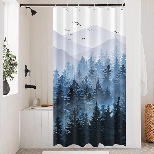 Accnicc Stall Small Blue Misty Forest Shower Curtain Set Ombre Mountain Pine Tree Waterproof Fabric Shower Curtains for Bathroom Nature Woodland Decorative Bath Curtain Decor 36×72 Inches