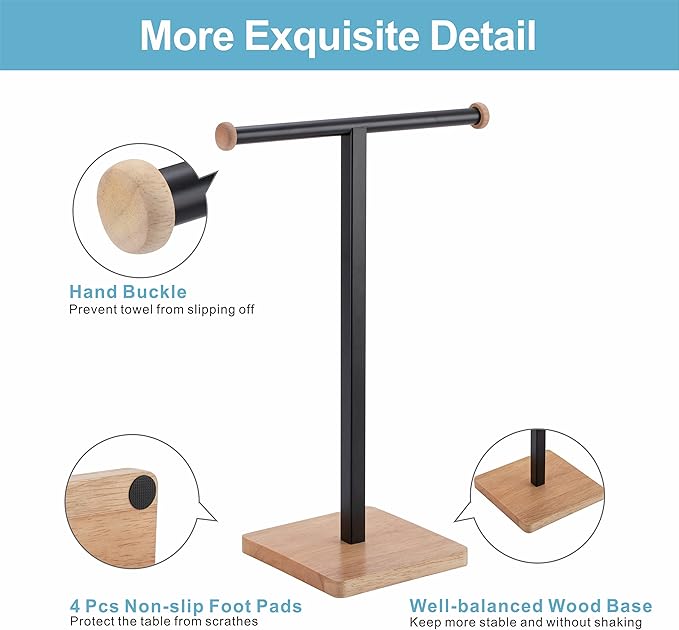 ZCDCP Hand Towel Holder Stand, T-Shape Stainless Steel Towel Rack for Bathroom Countertop with Wood Base, Black Freestanding Hand Towel Holder