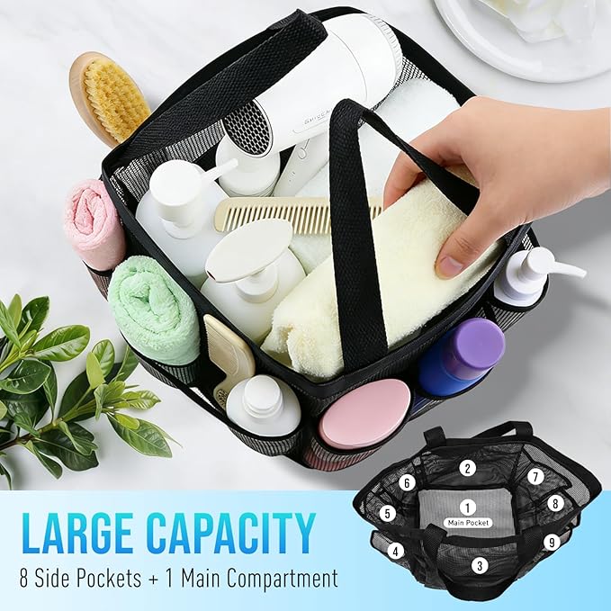 Mesh Shower Caddy Portable, Shower Tote Bag for Dorm Room Essentials, 8 Pockets Large Shower Basket for College Gym Beach Camping (1, Green)