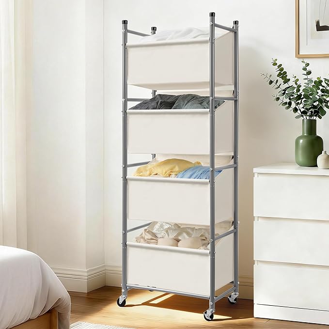 180L 4-Tier Rolling Laundry Hamper with Easy Access Removable Bag, Vertical Laundry Sorter Cart with Wheels & Brakes for Small Spaces, Dorm, Bedroom, Bathroom, Laundry Room, Beige