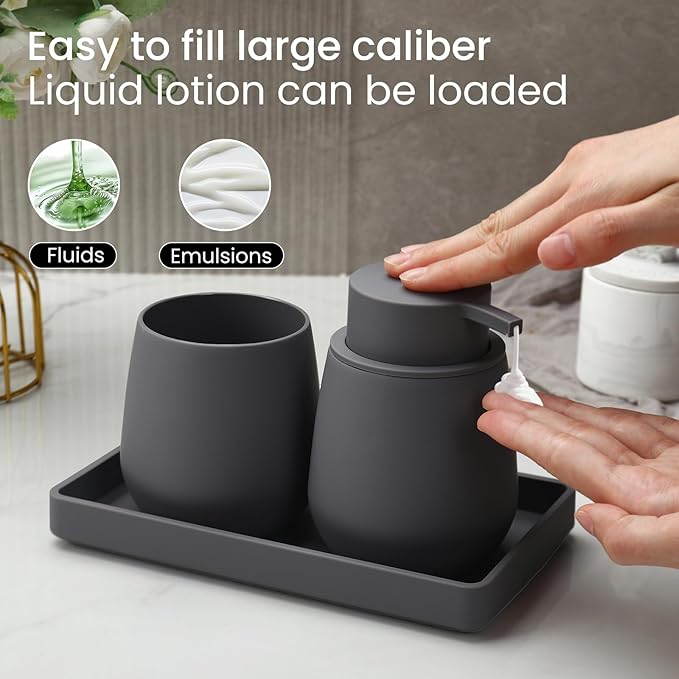 Bathroom Accessories Set, Modern 3 Pcs Bathroom Essentials - Soap Dispenser, Toothbrush Holder & Tray, Countertop Vanity Organizer (Gray)