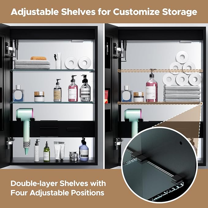 Bathroom Medicine Cabinet with Mirror, 20×30 Inch Black Mirror Cabinet with Cosmetics Storage Rack, 2 Outlets, 3X Magnifier Makeup Mirror, Adjustable Shelves, Surface Mount