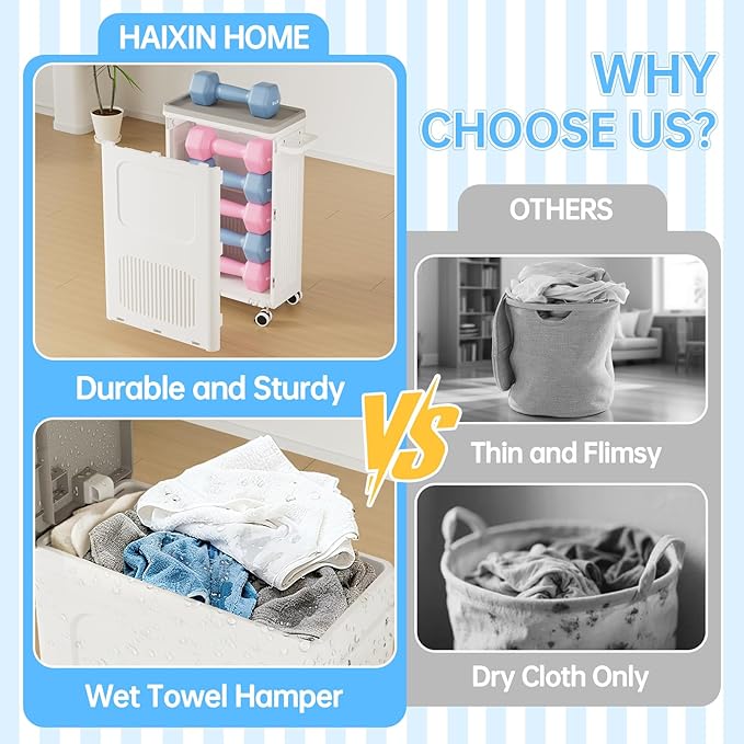 HAIXIN HOME Slim Laundry Hamper with Lid, 50L Plastic Tall Laundry Basket with Wheels, Compact Size for Narrow Space, Rolling Laundry Cart with Handle for Easy Transport to Laundry Room (2 Pack)