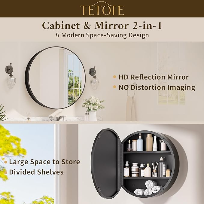 TETOTE 24 x 24 Inch Medicine Cabinet Mirror Black Framed Round Mirrored Medicine Cabinets for Bathroom Adjustable Shelves Modern Bathroom Mirror with Storage Wall Mounted