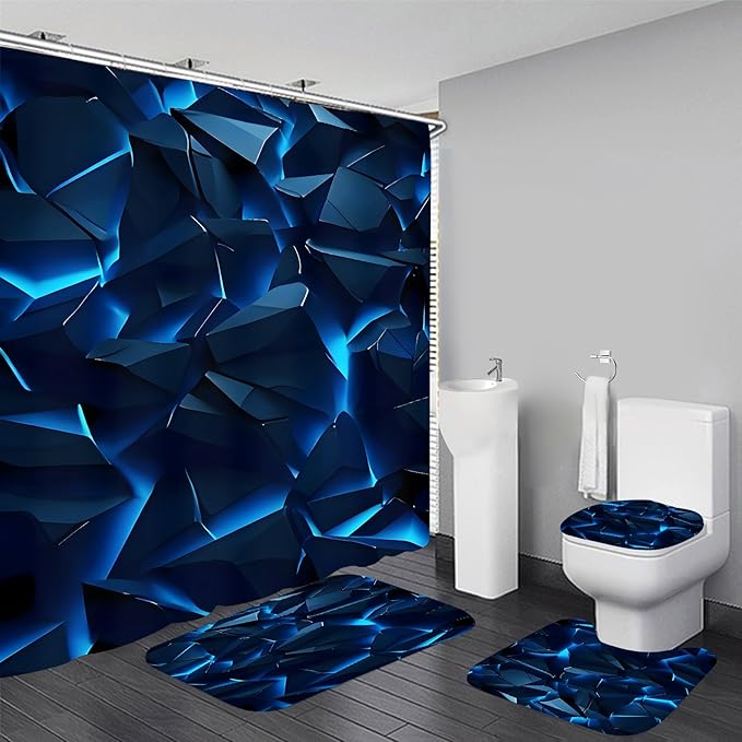 Yizheer 4Pcs Blue Geometry Rock Modern Shower Curtain Set with 12 Rustproof Hooks Bath Mat Toilet Cover U Shaped Mat- PEVA Material, 72x72 Inches, Bathroom Shower Curtain for Bathtub (Blue Rock)