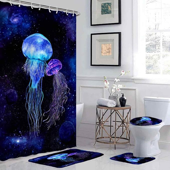 4 Pcs Jellyfish in Starry Galaxy Shower Curtain Sets, Fantasy Jellyfish Shower Curtains Waterproof Polyester Fabric, Fabric Universe Outer Space Theme Bathroom Decor with 12 Hooks, 72" x 72"
