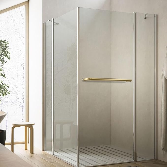 Ranbo Glass Shower Door Towel Bar 24 Inch Stainless Steel Sliding Shower Door Handle Replacement with Brass Gold Finish for Commercial and Residential Glass Doors
