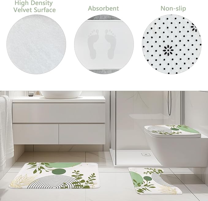 Riyidecor Boho Light Green 4Pcs Bathroom Shower Curtain Sets Mid Century Modern Minimalist Abstract Bathroom Decor Set with Rugs and Accessories Leaf Toilet Lid Rug, Contour and Bath Mat with 12 Hooks