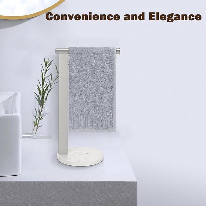 Hand Towel Holder Stand for Bathroom, L- Shaped Standing Hand Towel Rack, Towel Bar Kitchen Vanity Countertop Organizer, SUS304 Stainless Steel Material (Marble Base, Brushed Nickel)