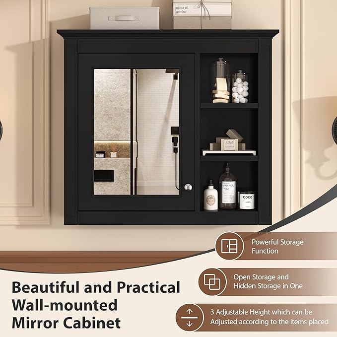 Merax Bathroom Medicine Cabinet with Mirror, 30" x 28" Wall Mounted Medicine Cabinet with Single Door and Shelves, Over The Toilet Mirrored Bathroom Storage Wall Cabinet