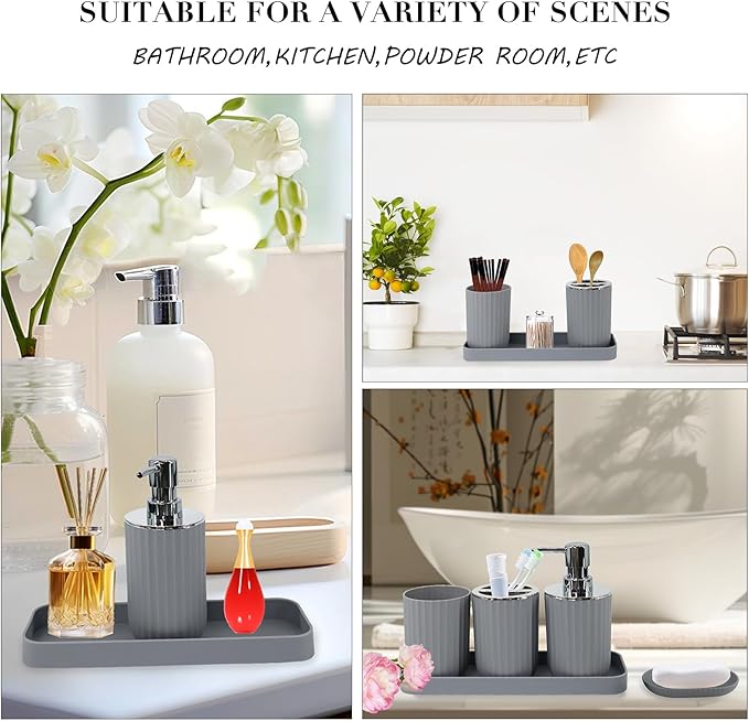 Grey Bathroom Accessories Set with Shower Curtain, Trash Can, Lotion Soap Dispenser, Soap Dish, Toothbrush Holder, Toothbrush Cup, Toilet Brush Holder and Tray for Bathroom Decor