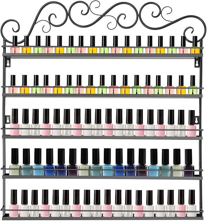 Metal Nail Polish Racks, 5-Tier Wall Mounted Nail Polish Display Holder Organizer Rack for Home Salon Business Spa L26 X W2.2 (Black)