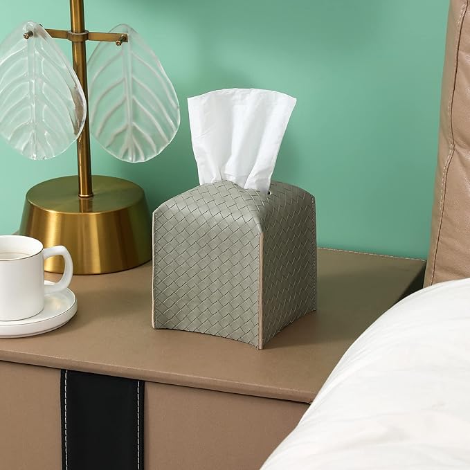 Tissue Box Cover PU Leather Tissue Holder Square Facial Tissue Case Facial Paper Organizer Dispenser for Bathroom, Vanity Countertop, Tabletop, Car, Evergreen