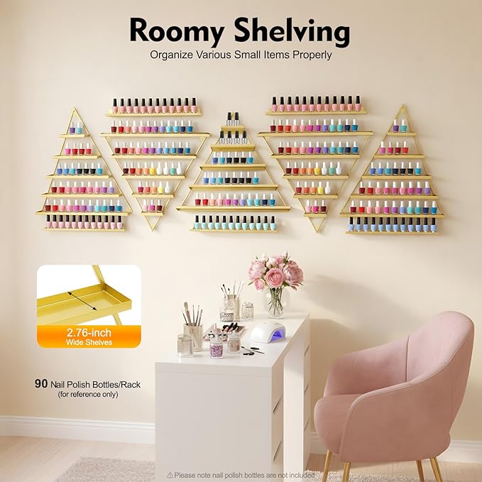 10PCS Nail Polish Racks, 5 Tiers Triangular Nail Polish Racks, Nail Polish Shelf for Wall Cosmetics Display Racks for Perfume Lipstick Essential Oil Organize for Salons Beauty Shops (Gold)