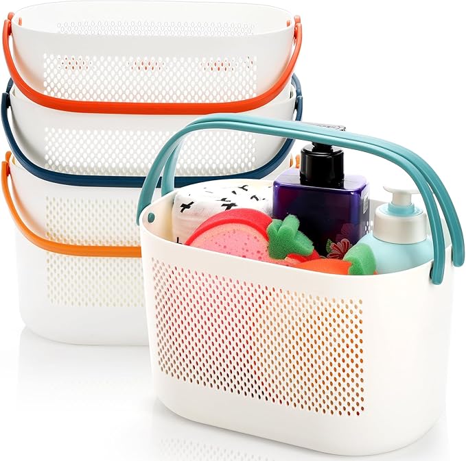 AVLA 4 Pack Portable Shower Caddy Basket, Plastic Storage Baskets with Handles, Drainage Toiletry Organizer Bin, Dorm Shower Tote Bag for Bathroom, Kitchen, Closet, Bedroom, College, Gym, Camp