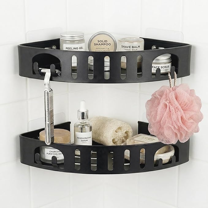 Adhesive Corner Shower Shelf No Drill | Rust-Proof Aluminum Alloy Stick On Bathroom Organizer with Shaving Holder for Shampoo, Conditioner, Soap, Razors Black 2Pack